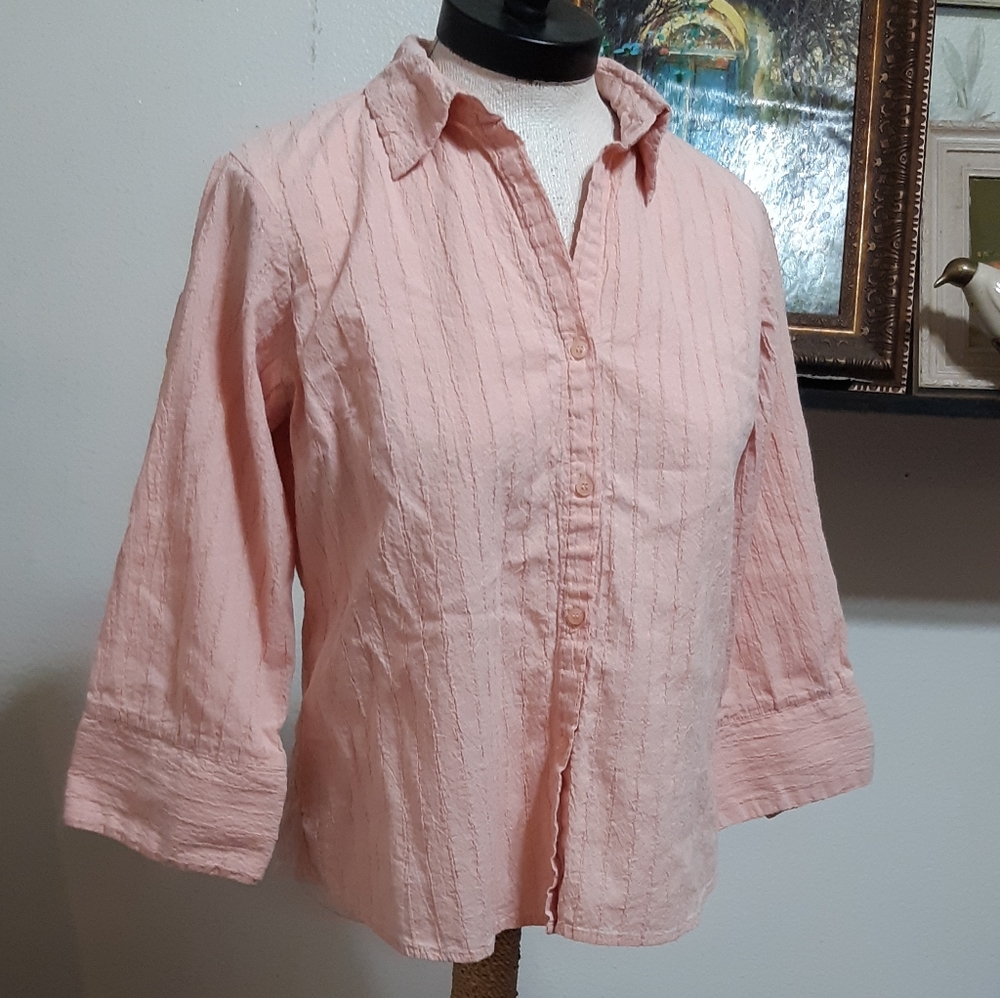 Womens Pink Button up shirt Sz Med Blouse Mid Length Roll Sleeve ALC Stretchy